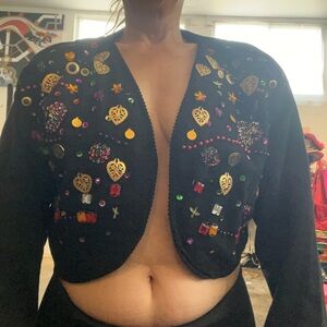 Black and Gold Cropped Blazer with Decorative Badges